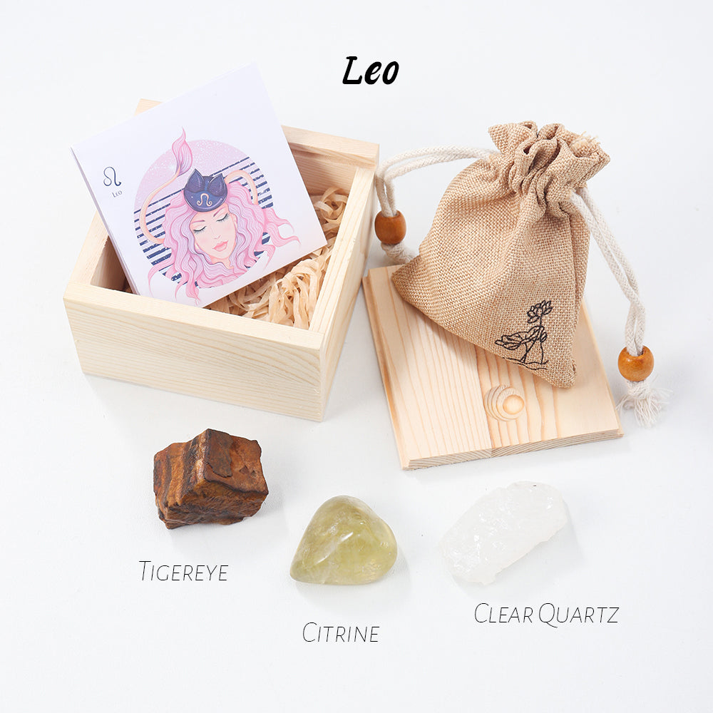 Natural Crystal Twelve Constellations Wooden Box Cloth Bag Gift Handmade