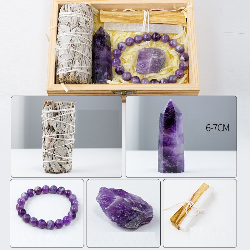 In Memory i Treasure, Meditation Collection-Natural Crystal Amethyst Wooden Gift Box Set