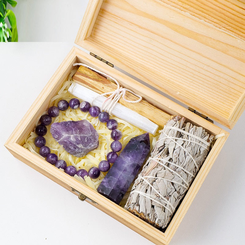 In Memory i Treasure, Meditation Collection-Natural Crystal Amethyst Wooden Gift Box Set