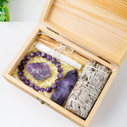 In Memory i Treasure, Meditation Collection-Natural Crystal Amethyst Wooden Gift Box Set