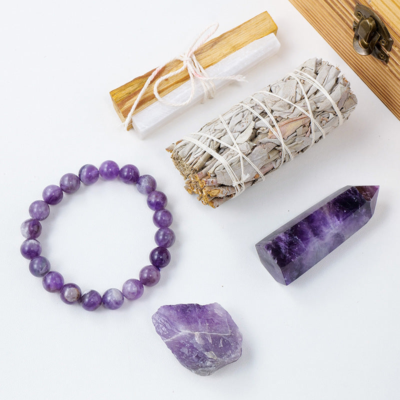 In Memory i Treasure, Meditation Collection-Natural Crystal Amethyst Wooden Gift Box Set