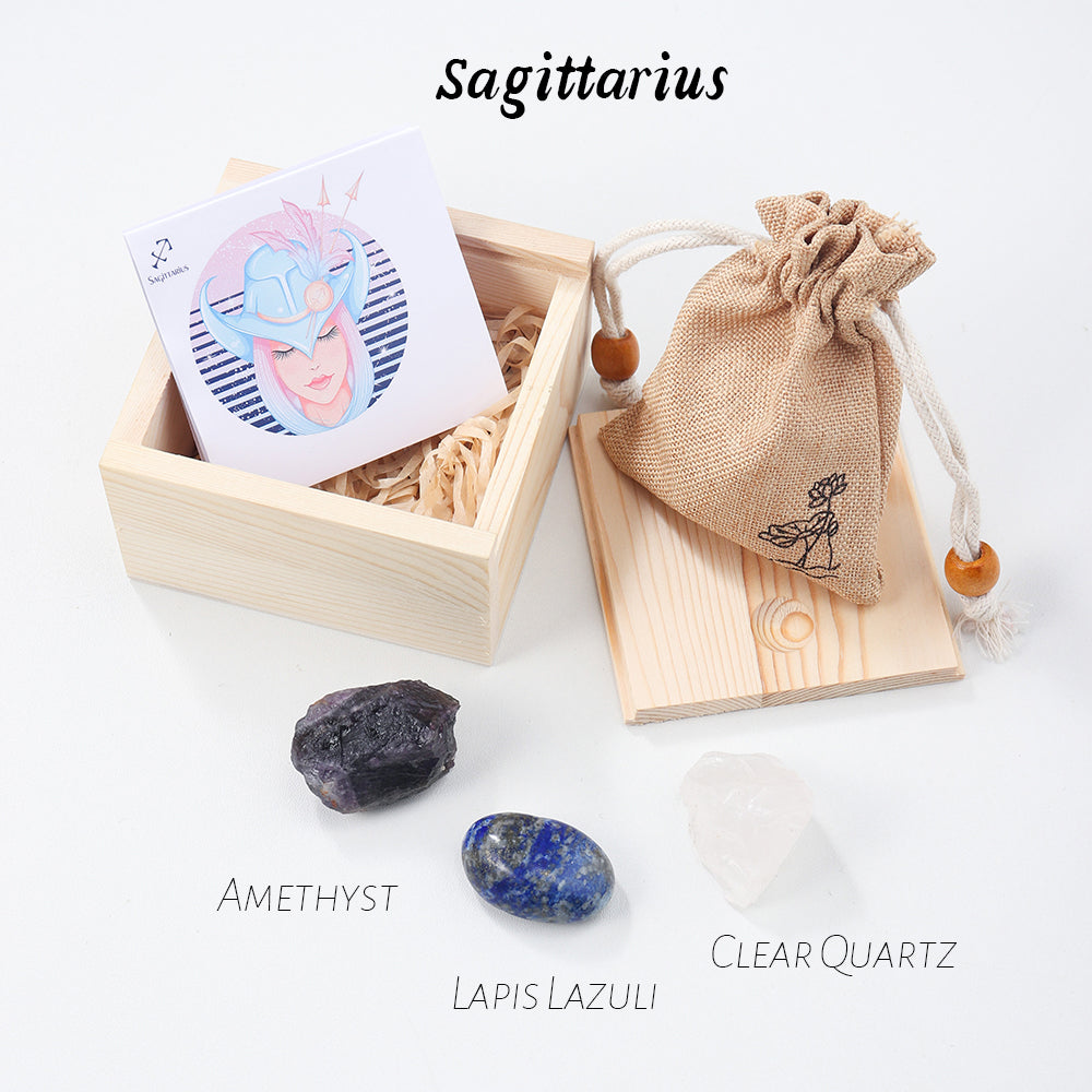 Natural Crystal Twelve Constellations Wooden Box Cloth Bag Gift Handmade