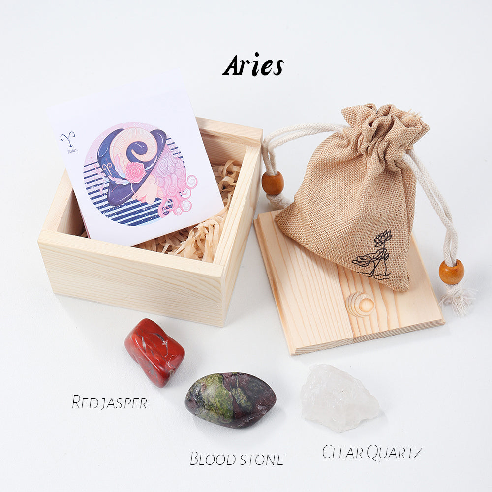 Natural Crystal Twelve Constellations Wooden Box Cloth Bag Gift Handmade