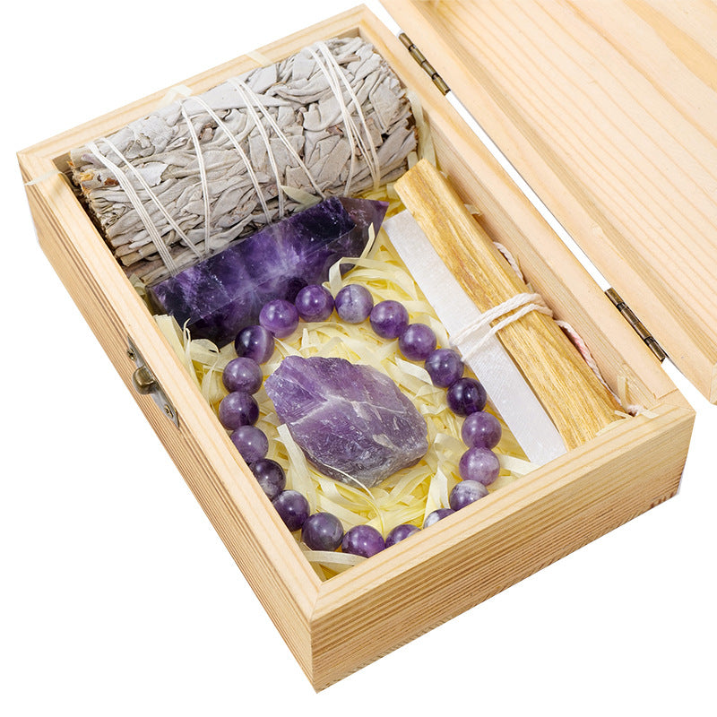 In Memory i Treasure, Meditation Collection-Natural Crystal Amethyst Wooden Gift Box Set