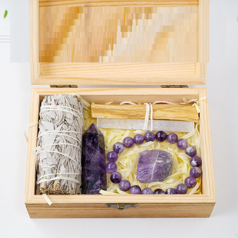 In Memory i Treasure, Meditation Collection-Natural Crystal Amethyst Wooden Gift Box Set