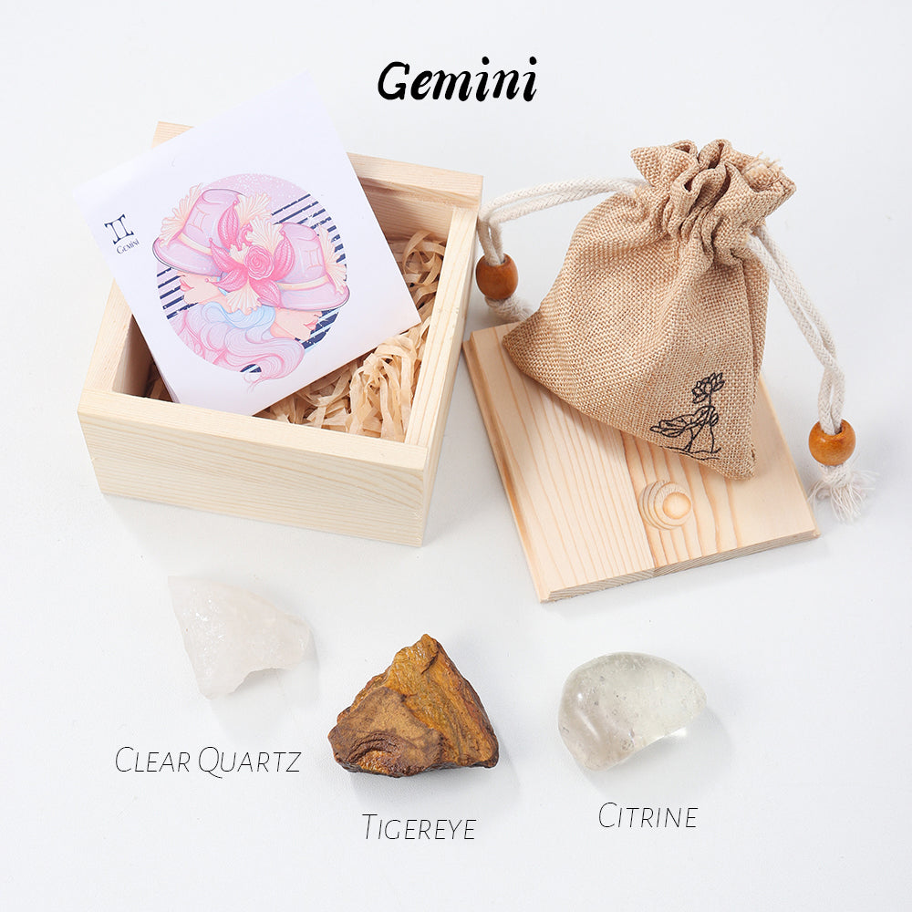 Natural Crystal Twelve Constellations Wooden Box Cloth Bag Gift Handmade